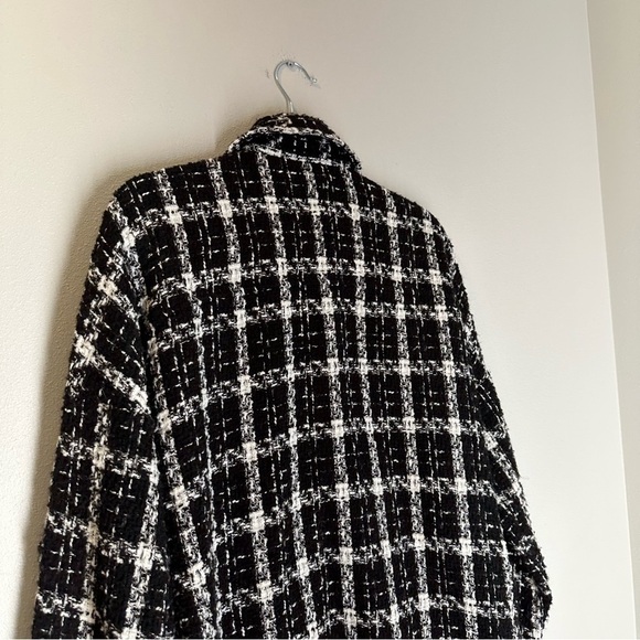 ZARA Tweed Plaid Raw Hem Shirt Jacket Shacket Black White Snap Buttons Size XS - Picture 7 of 11